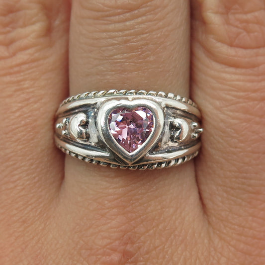 AVON 925 Sterling Silver Vintage Pink Heart-Cut Shaped C Z Ring Size 10