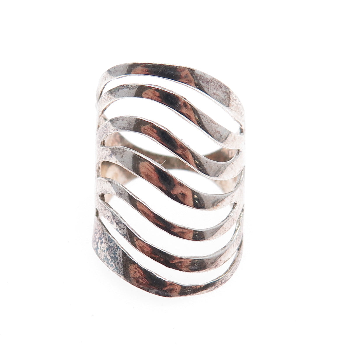 925 Sterling Silver Vintage Modernist Wavy Multi-Row Oxidized Ring Size 6.75
