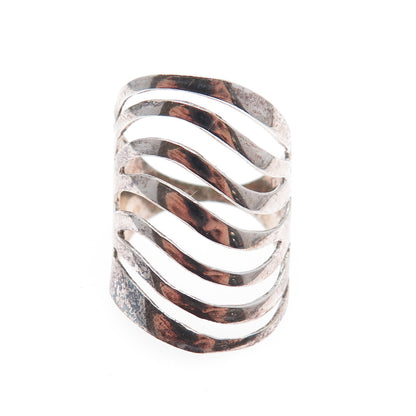 925 Sterling Silver Vintage Modernist Wavy Multi-Row Oxidized Ring Size 6.75