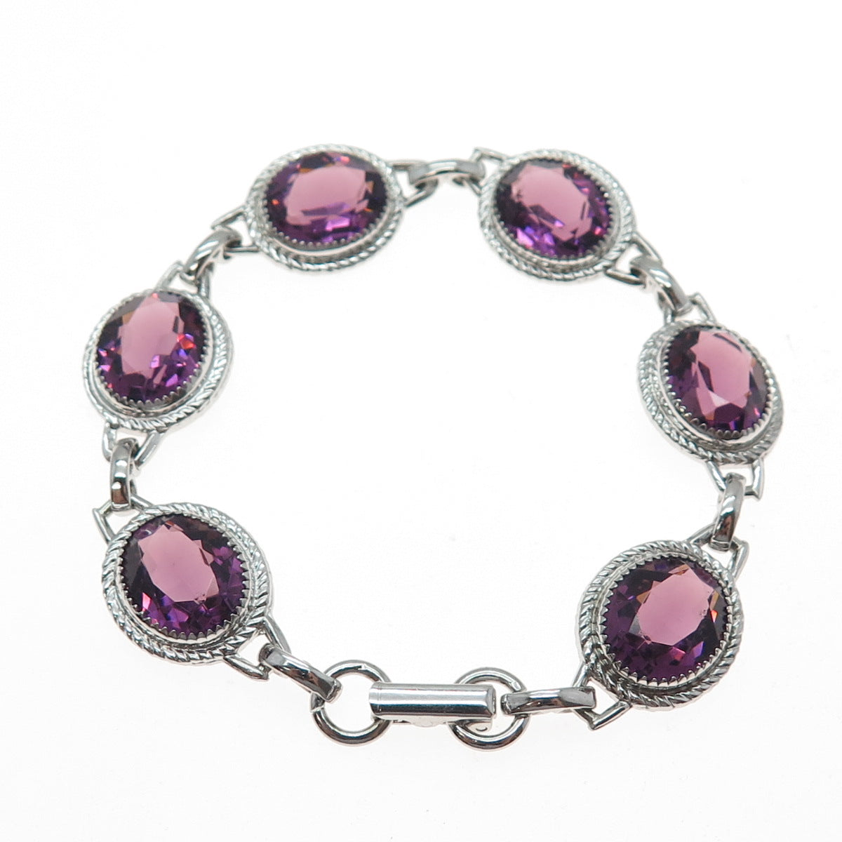 DANECRAFT 925 Sterling Silver Vintage Oval-Cut Purple Glass Bracelet 6.5"