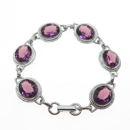 DANECRAFT 925 Sterling Silver Vintage Oval-Cut Purple Glass Bracelet 6.5"