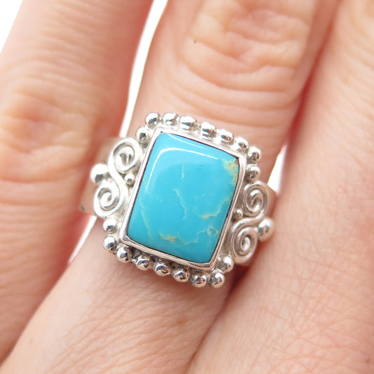 SAJEN 925 Sterling Silver Vintage Real Turquoise Spiral Adjustable Ring Size 6