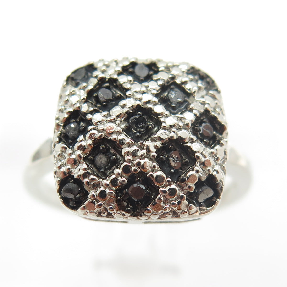 925 Sterling Silver Real Round-Cut Black Diamond Lattice Pattern Ring Size 8