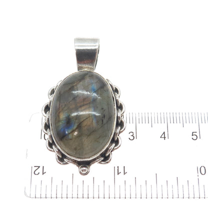925 Sterling Silver Vintage Real Labradorite Modernist Oxidized Charm Pendant