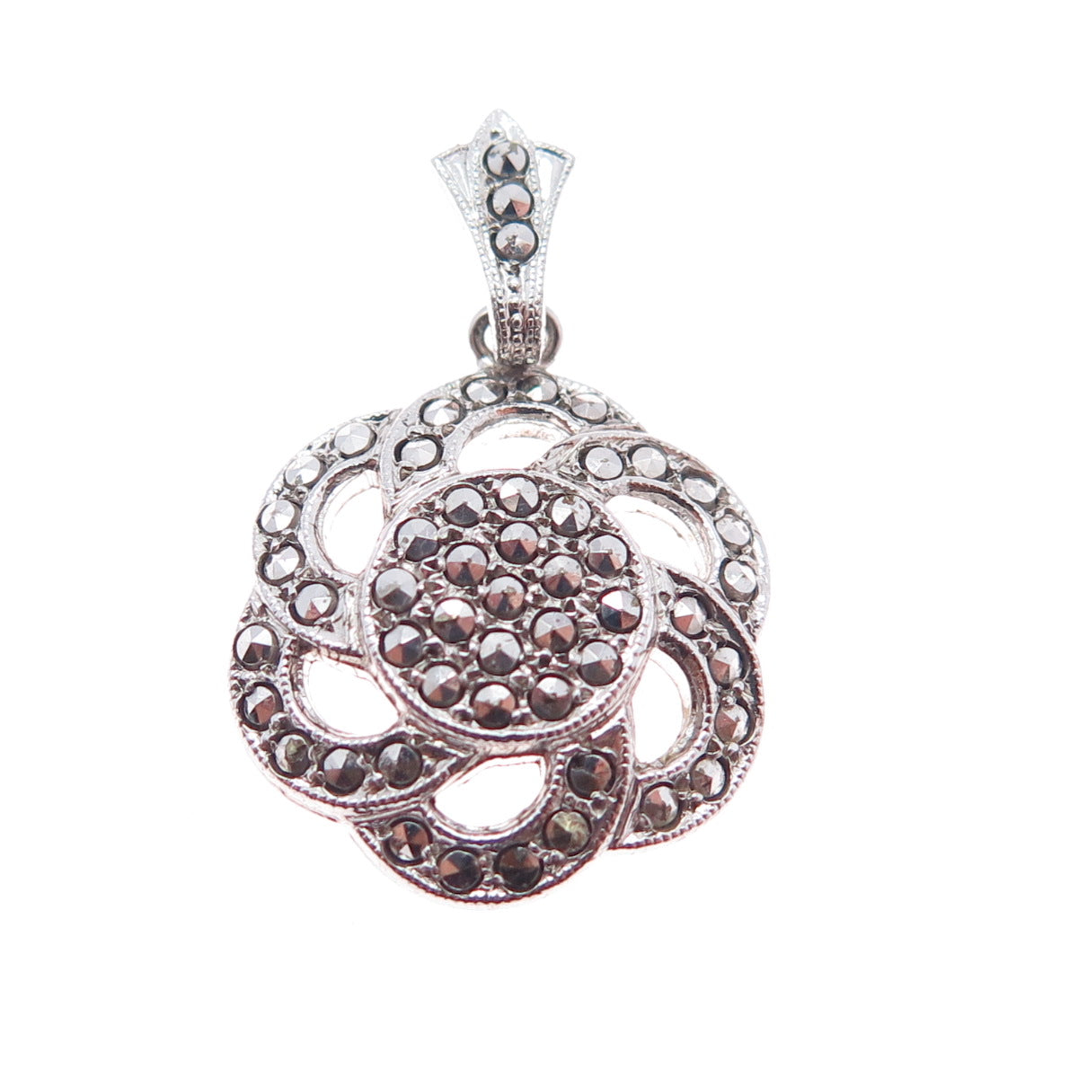 925 Sterling Silver Antique Art Deco Real Marcasite Flower Charm Pendant