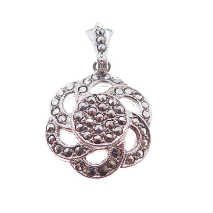 925 Sterling Silver Antique Art Deco Real Marcasite Flower Charm Pendant
