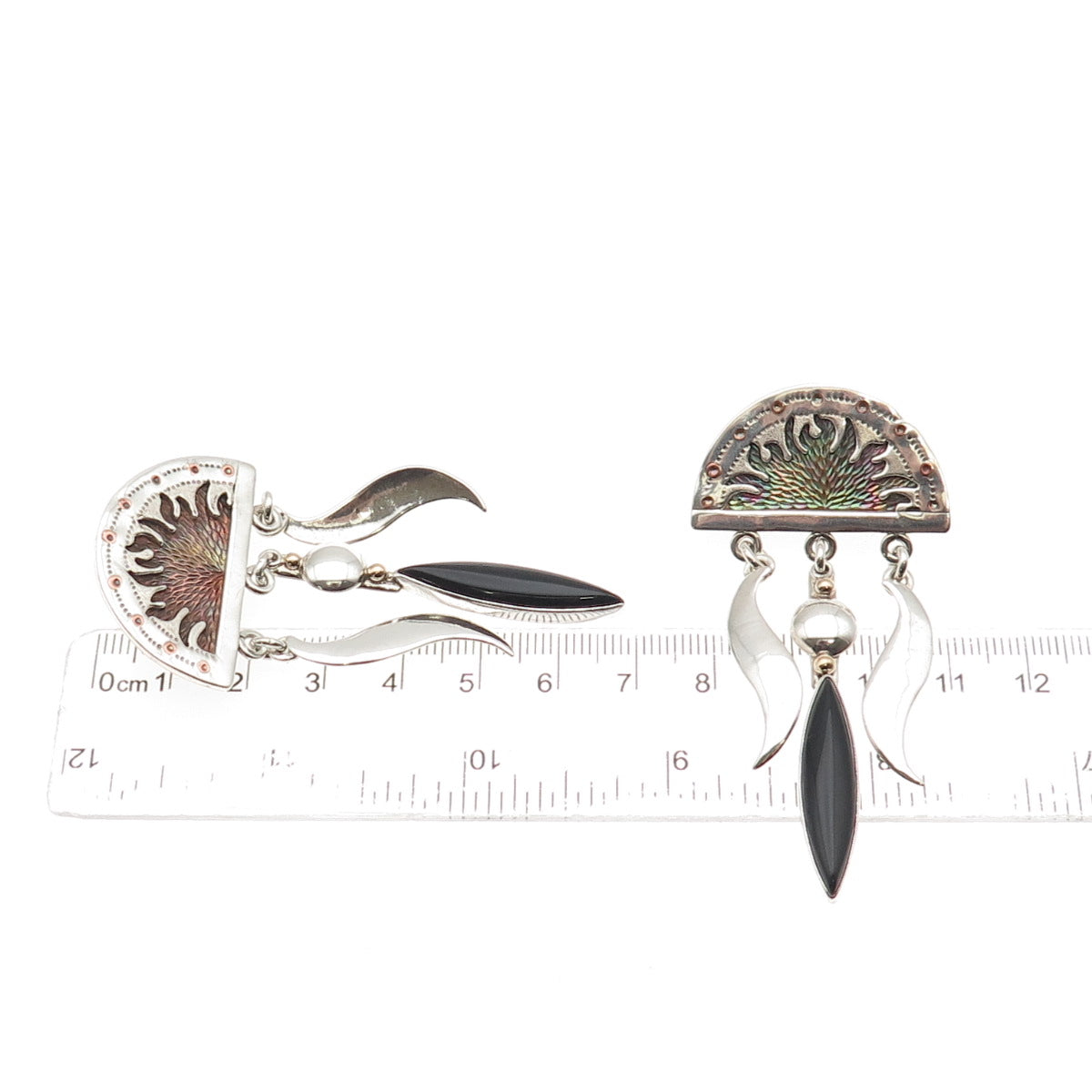 925 Sterling 2-Tone Vintage Real Black Onyx Sunrise Modernist Dangle Earrings