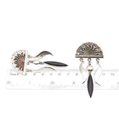 925 Sterling 2-Tone Vintage Real Black Onyx Sunrise Modernist Dangle Earrings