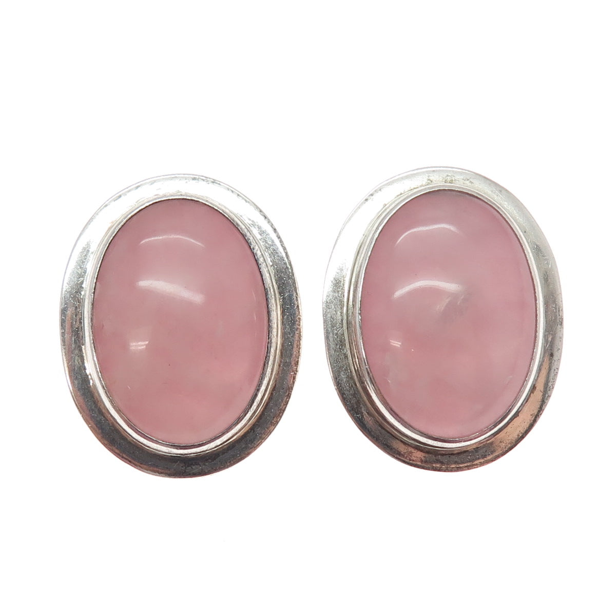 925 Sterling Vintage AIS Mexico Real Rose Quartz Modernist Clip On Earrings