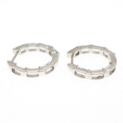 925 Sterling Silver Real Emerald-Cut Blue Topaz Hoop Earrings