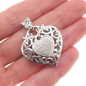 925 Sterling Silver Real Round-Cut Diamond Heart Ornate Charm Pendant