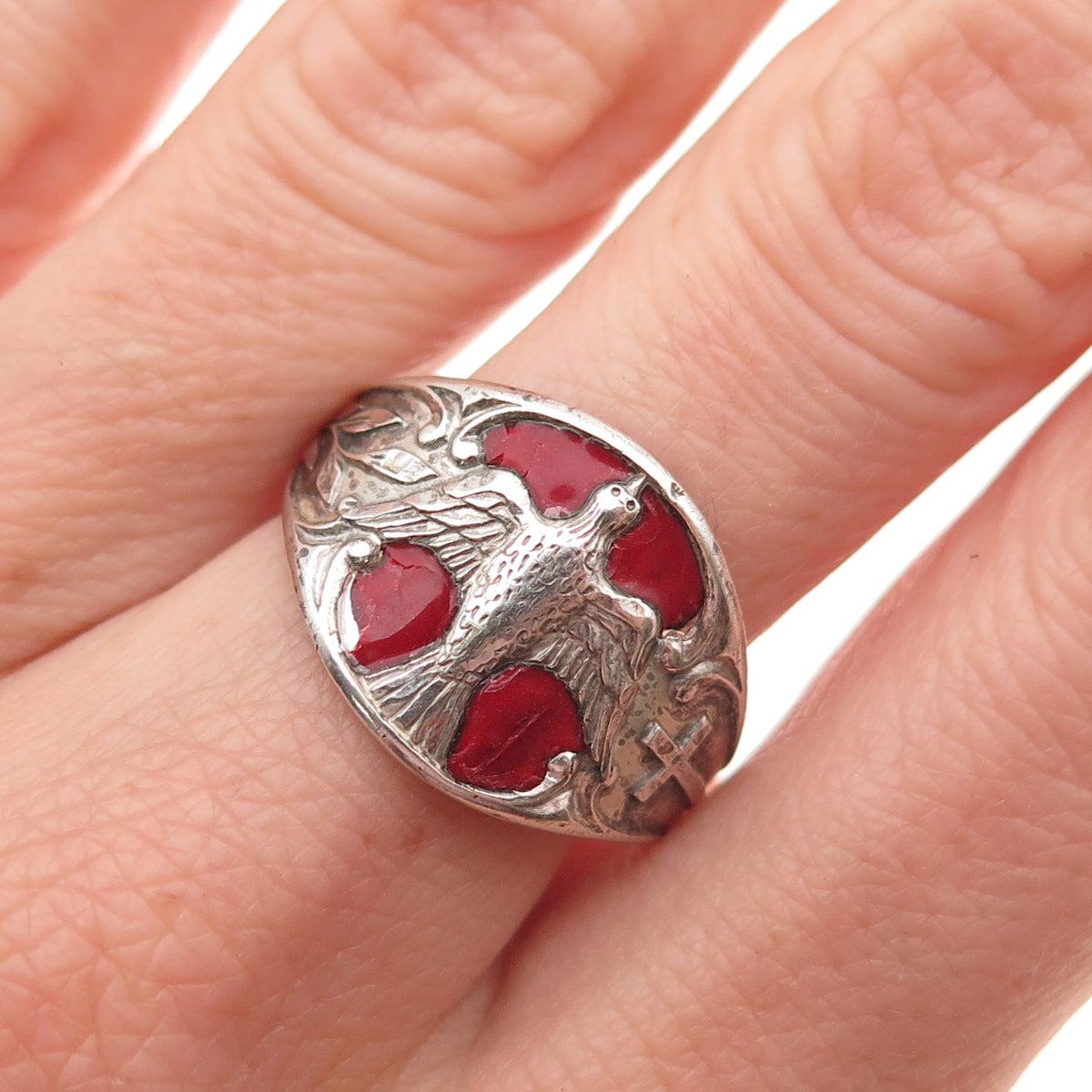 Creed Sterling Silver Antique Art Deco Enamel Holy Spirit Adjustable Ring Size 9