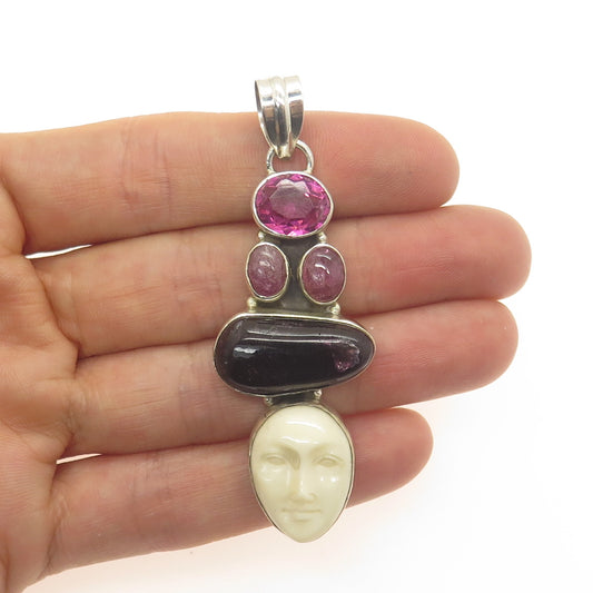 925 Sterling Silver Vintage Real Pink Amethyst Tourmaline & MOP Goddess Pendant