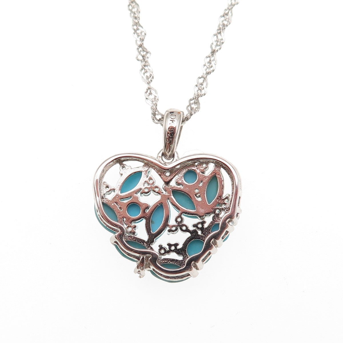 925 Sterling Silver Real Turquoise & White Topaz Heart Chain Necklace 16-18"