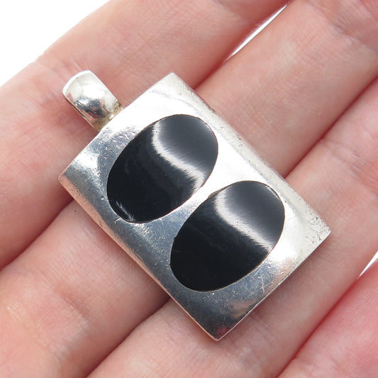 925 Sterling Silver Vintage Real Black Onyx Modernist Charm Pendant
