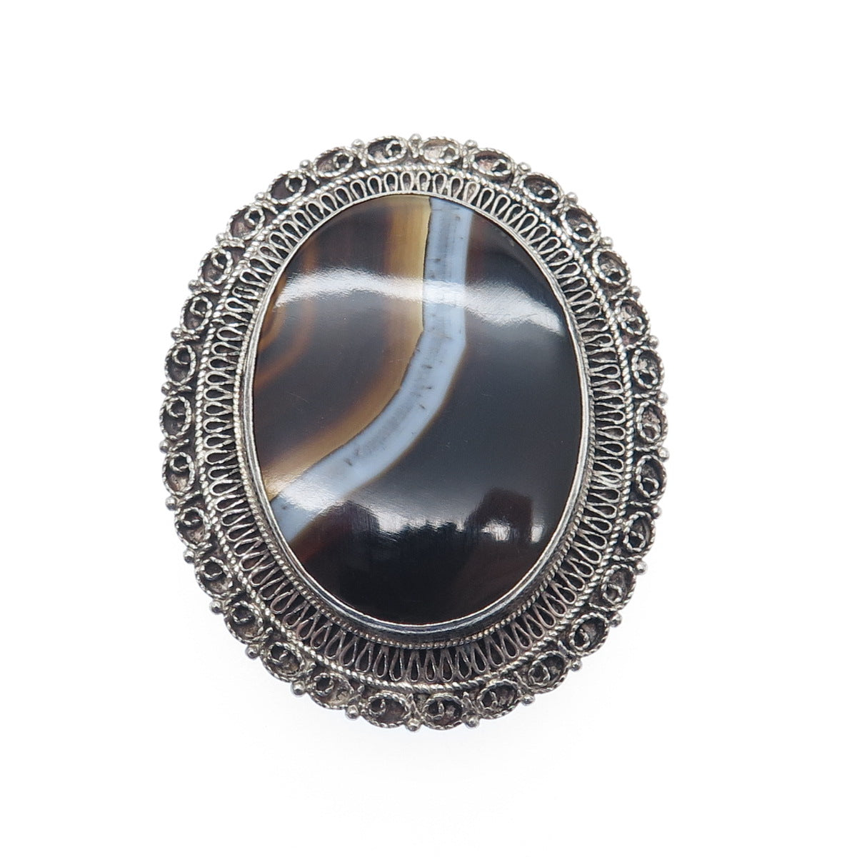 BETHLEHEM H. J. A. 935 Silver Vintage Real Agate Filigree Oxidized Pin Brooch