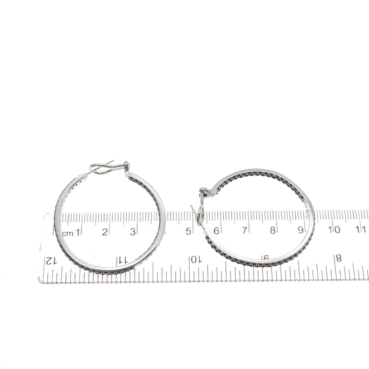 925 Sterling Silver Real Round-Cut Black Spinel In & Out Hoop Earrings
