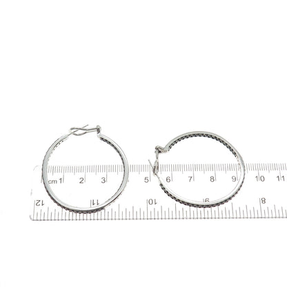 925 Sterling Silver Real Round-Cut Black Spinel In & Out Hoop Earrings
