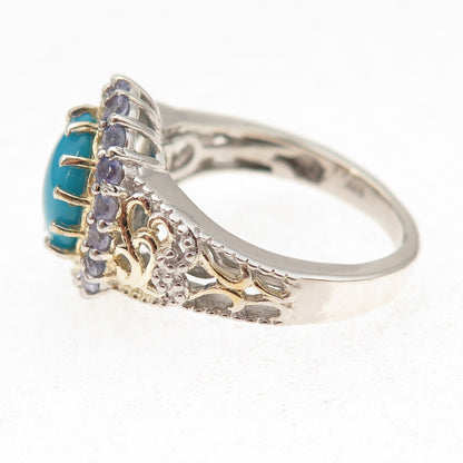 Chuck Clemency Sterling Silver 2-Tone Real Turquoise & Tanzanite Ring Size 8.25