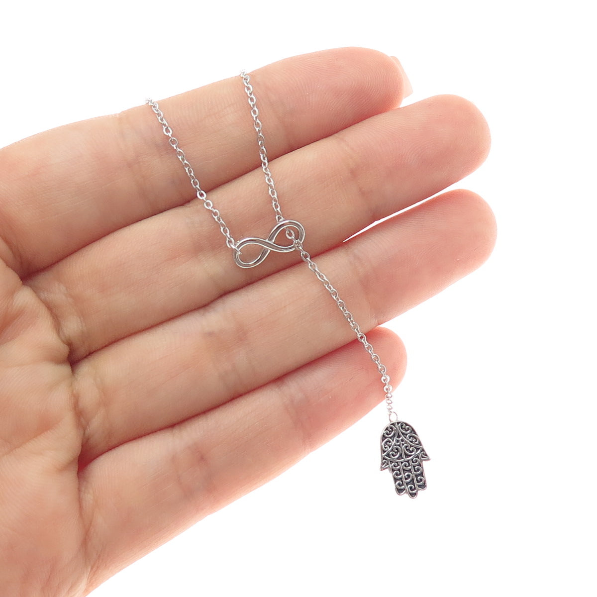 925 Sterling Silver Vintage Hamsa Amulet Lariat Adjustable Chain Necklace 16-20"
