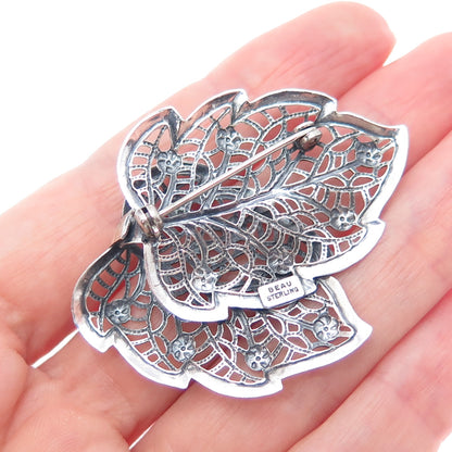 BEAU 925 Sterling Silver Vintage Floral Leaf Filigree Oxidized Pin Brooch