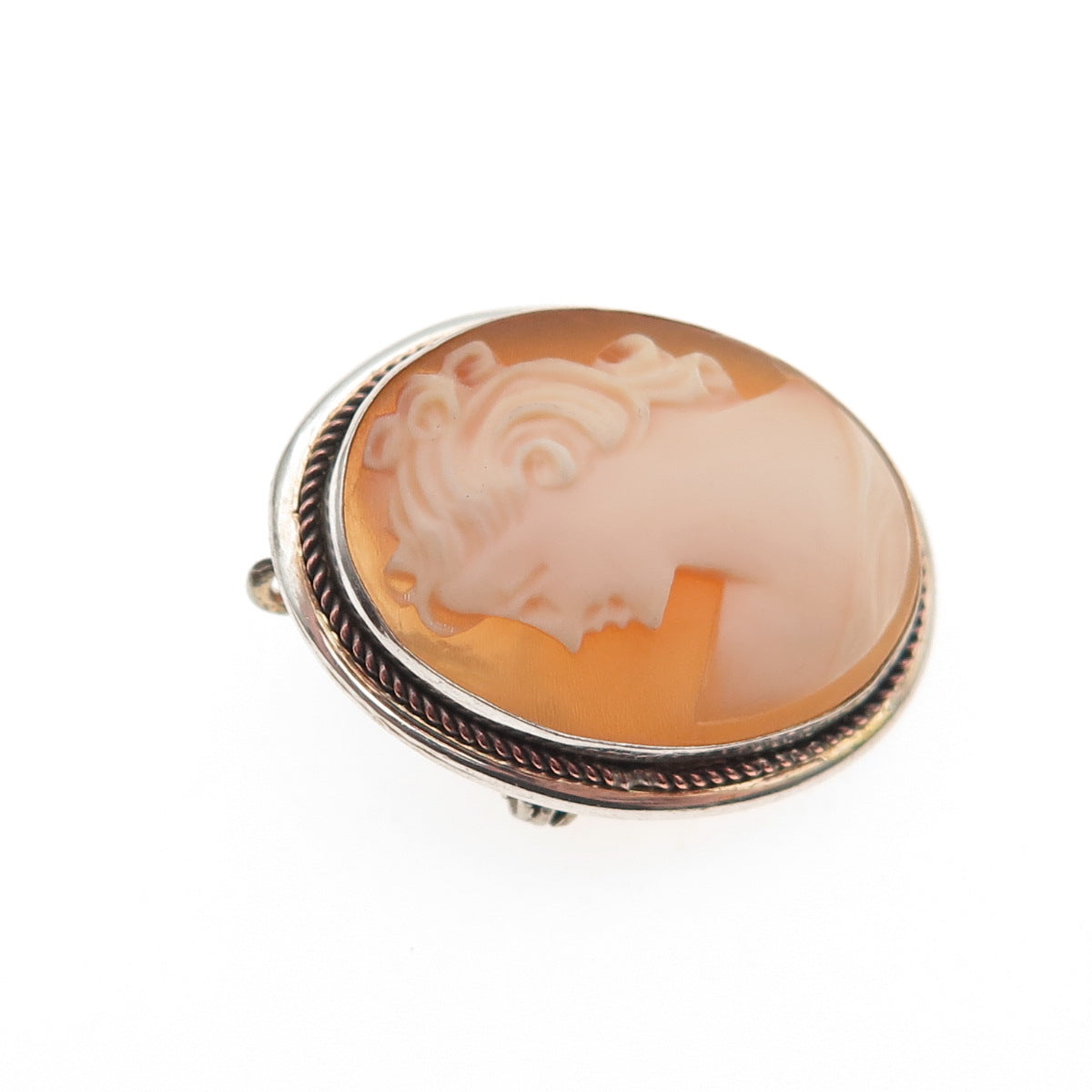 800 Silver 2-Tone Vintage Real MOP Carved Lady Cameo Pin Brooch / Pendant