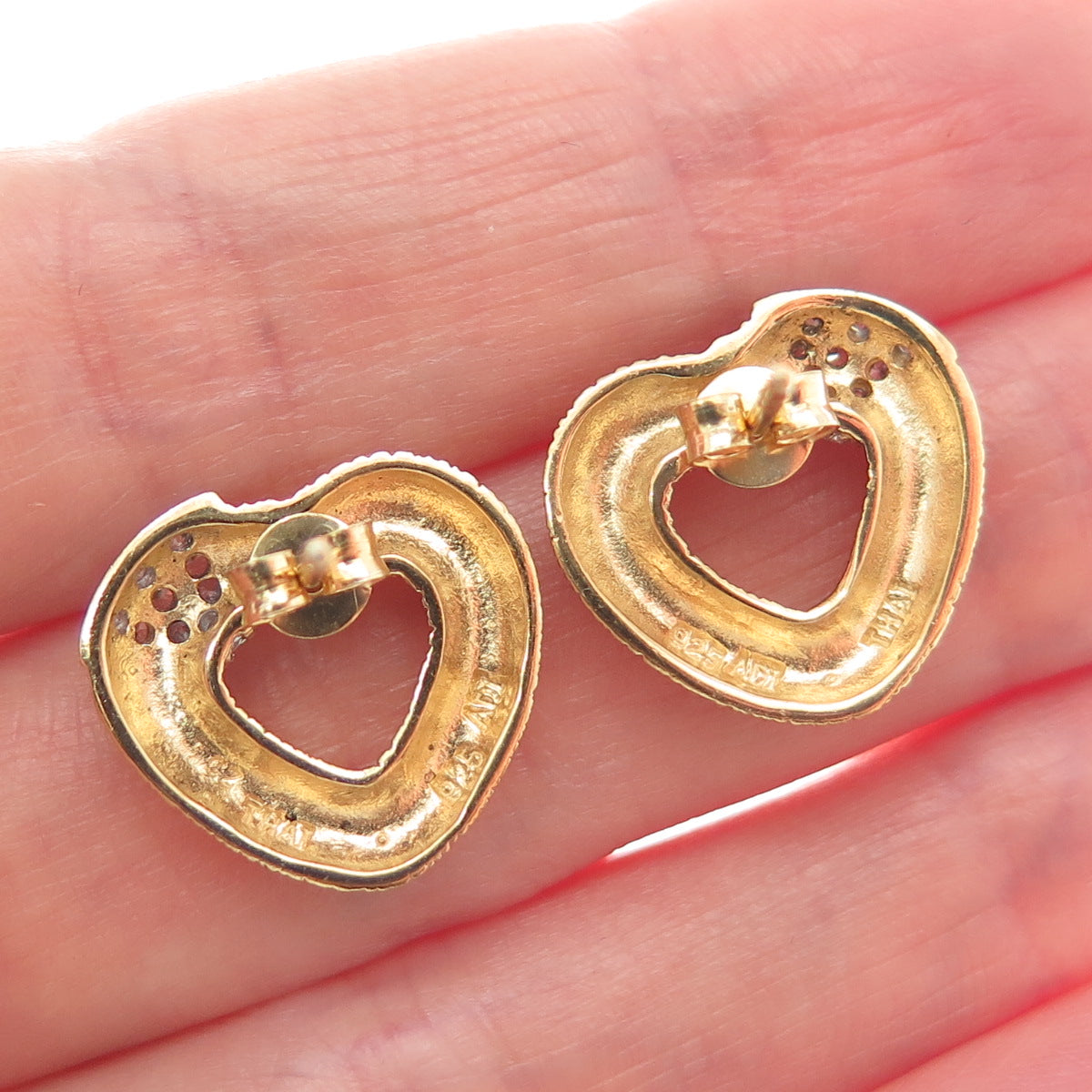 925 Sterling Silver Gold Plated ADI Round-Cut Shaped C Z Open Heart Earrings