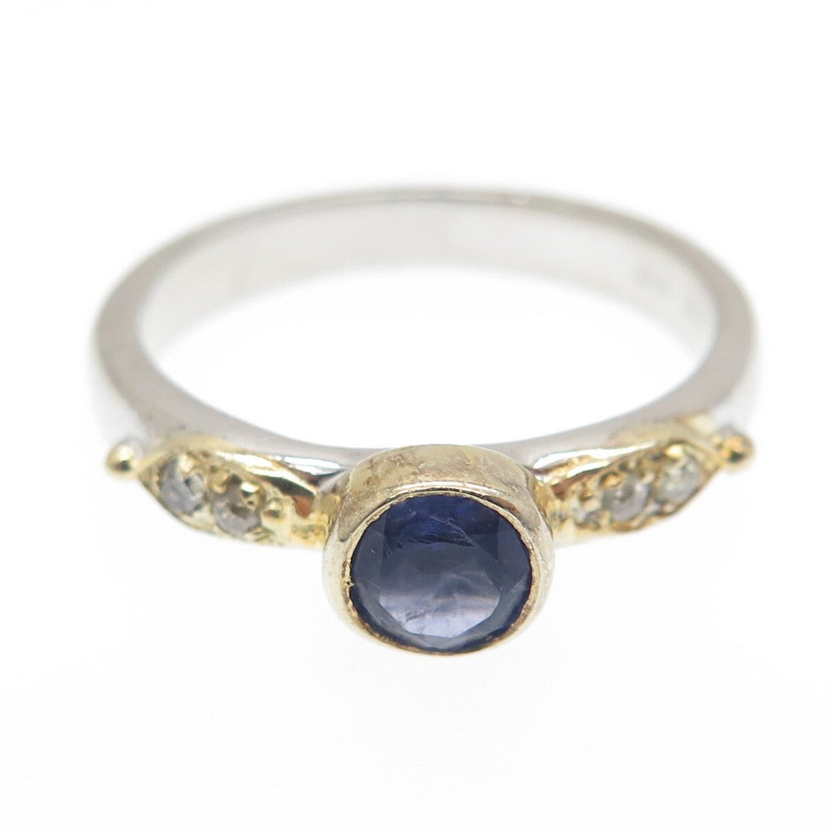 925 Sterling Silver 2-Tone Real Round-Cut Diamond & Iolite Ring Size 8