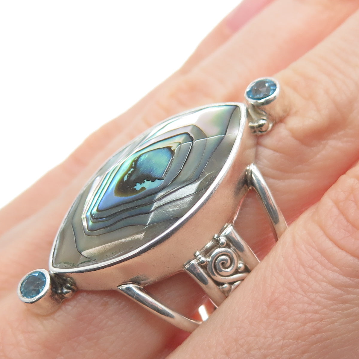 SAJEN Sterling Silver Vintage Real Abalone Shell Topaz Adjustable Ring Size 10.5