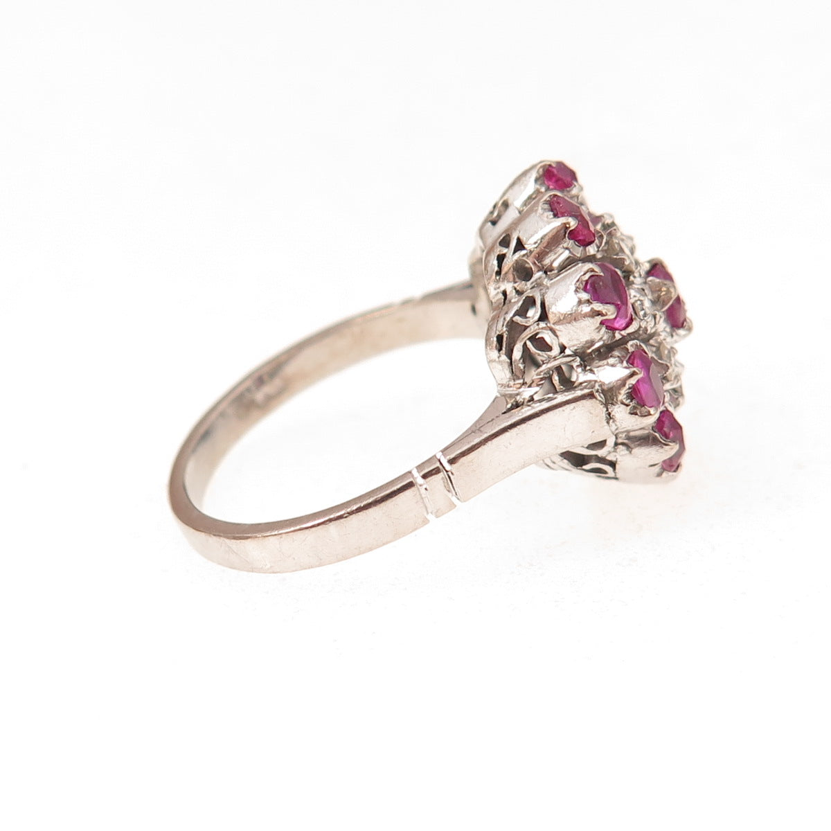 925 Sterling Silver Antique Art Deco Real Diamond & Ruby Floral Ring Size 6