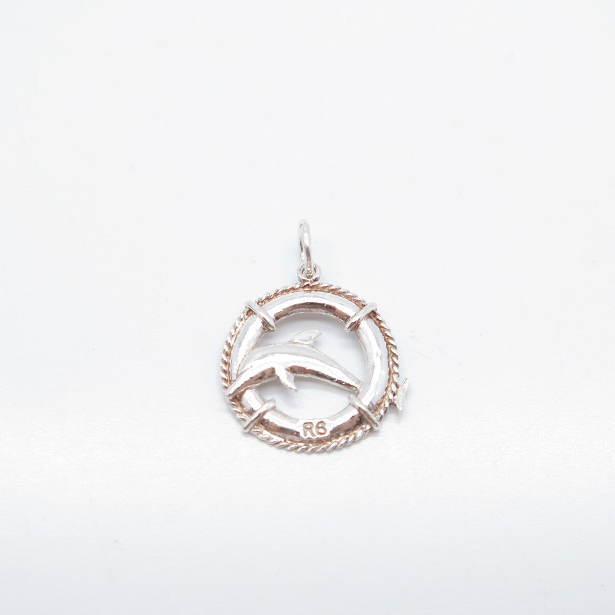 925 Sterling Silver Vintage Friendly Dolphin Round Charm Pendant