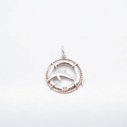 925 Sterling Silver Vintage Friendly Dolphin Round Charm Pendant