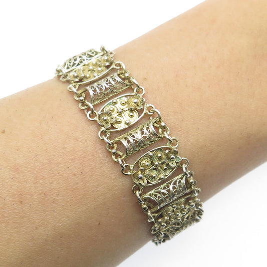 925 Sterling Silver Gold Plated Antique Art Deco Floral Filigree Bracelet 6.25"