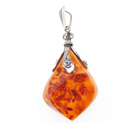 925 Sterling Silver Vintage BK Poland Real Amber Modernist Oxidized Pendant