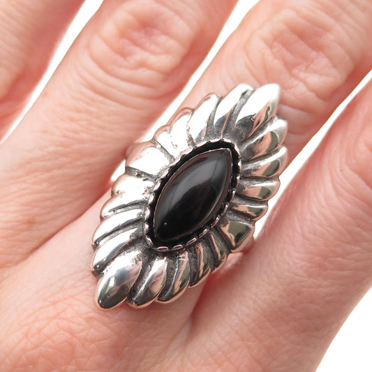 925 Sterling Vintage Chinese Real Black Onyx Modernist Floral Ring Size 7.5
