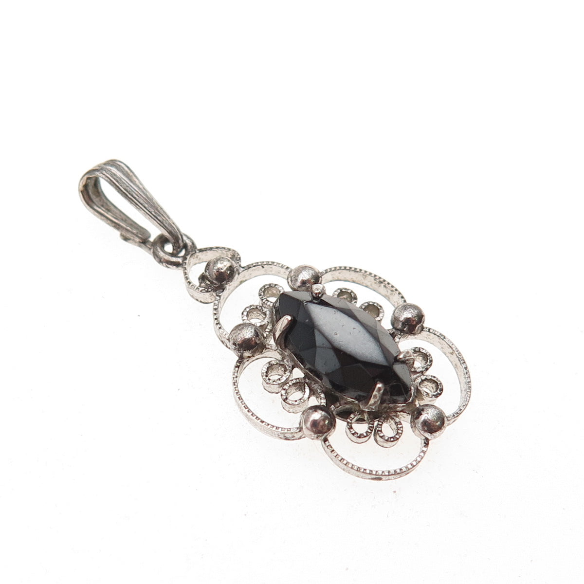 Sorrento 925 Sterling Silver Antique Art Deco Real Hematite Floral Charm Pendant