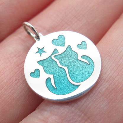 925 Sterling Silver Enamel Couple of Cats Love Round Minimalist Charm Pendant
