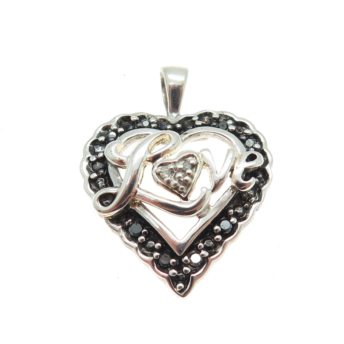 925 Sterling Silver Real Round-Cut Black & White Diamond "Love" Heart Pendant