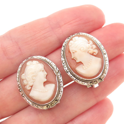 800 Silver Antique Art Deco Real MOP & Marcasite Lady Cameo Clip On Earrings
