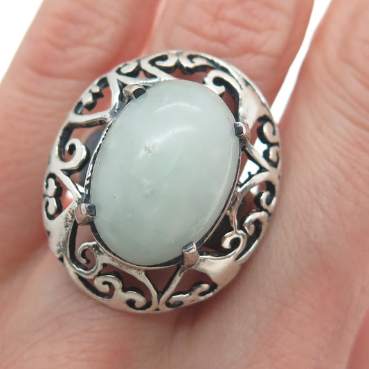 925 Sterling Silver Vintage Real Jade Ornate Heart Oxidized Ring Size 9