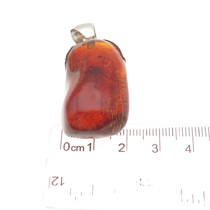 925 Sterling Silver Vintage Real Amber Modernist Charm Pendant