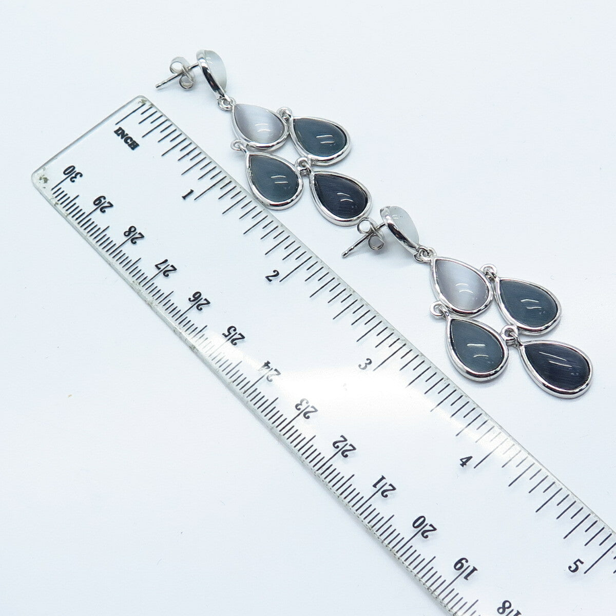 925 Sterling Silver Fiber Optic Cat's Eye Gem Teardrop Chandelier Earrings