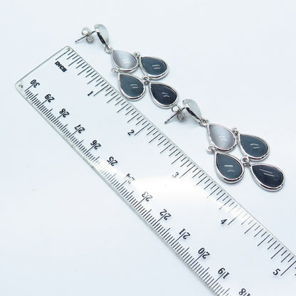 925 Sterling Silver Fiber Optic Cat's Eye Gem Teardrop Chandelier Earrings