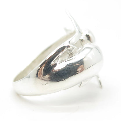 925 Sterling Silver Vintage Shiny 2 Playing Dolphins Cocktail Ring Size 9.25