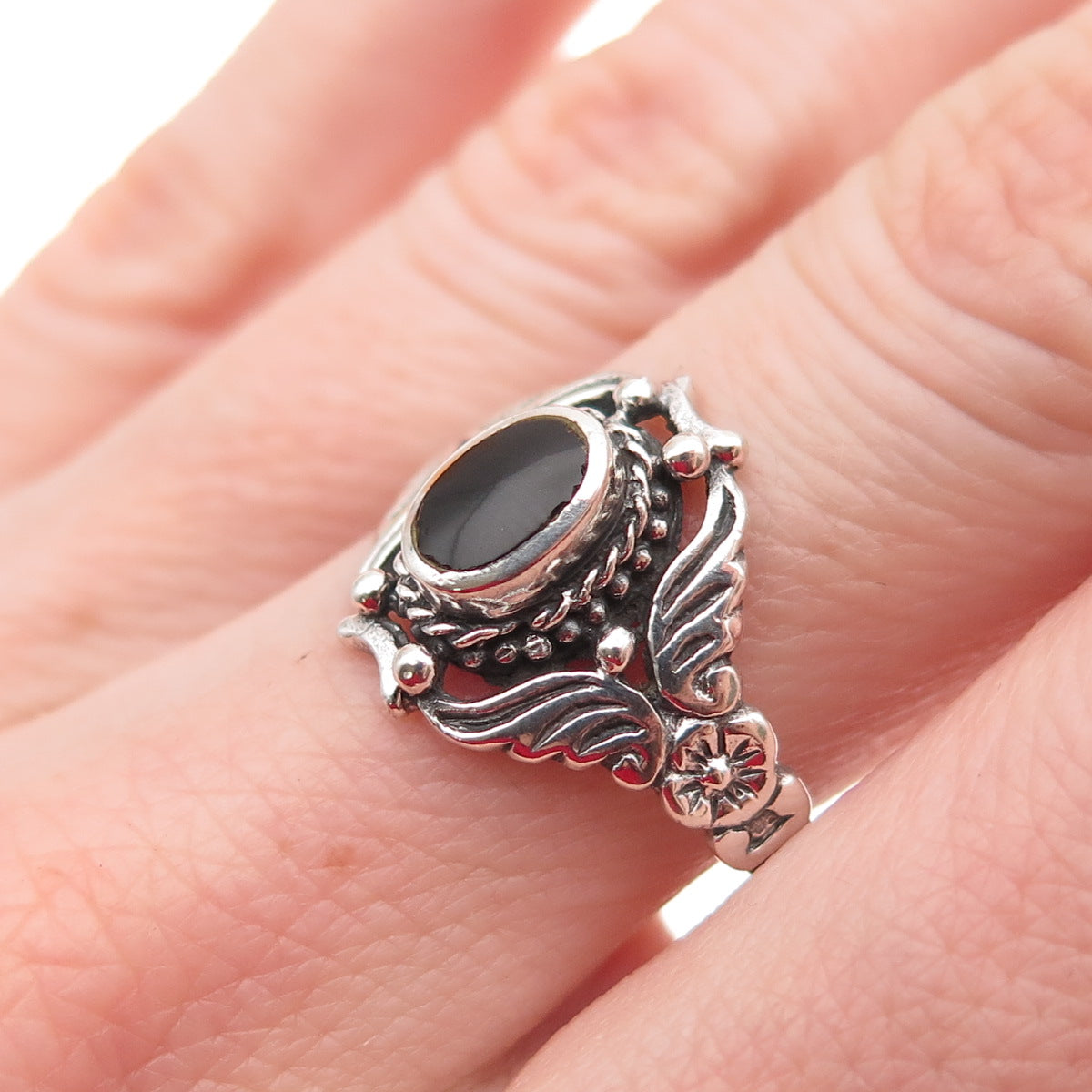 925 Sterling Silver Vintage Real Black Onyx Butterfly Oxidized Ring Size 8.75