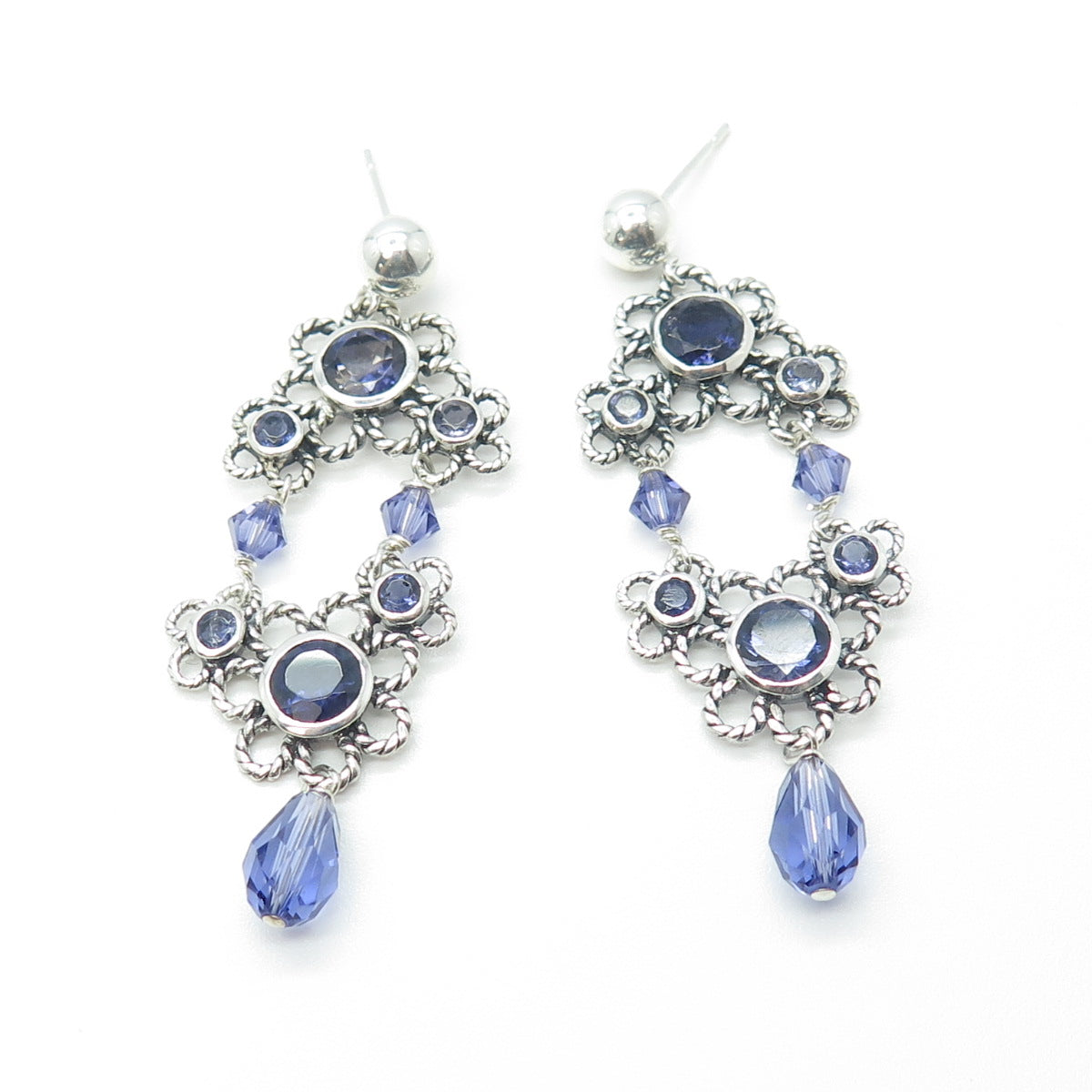 925 Sterling Silver Vintage Real Iolite & Crystal Floral Dangling Earrings