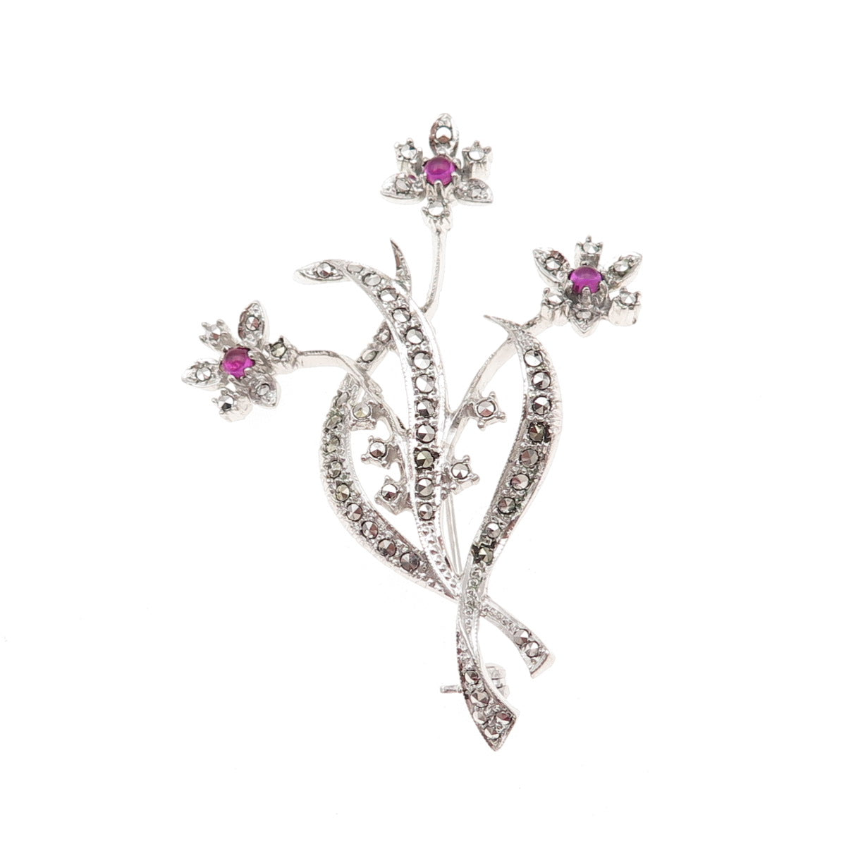 835 Silver Antique Art Deco Lab-Created Ruby & Real Marcasite Floral Pin Brooch