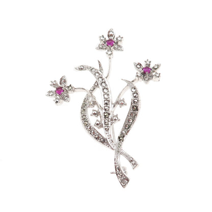 835 Silver Antique Art Deco Lab-Created Ruby & Real Marcasite Floral Pin Brooch