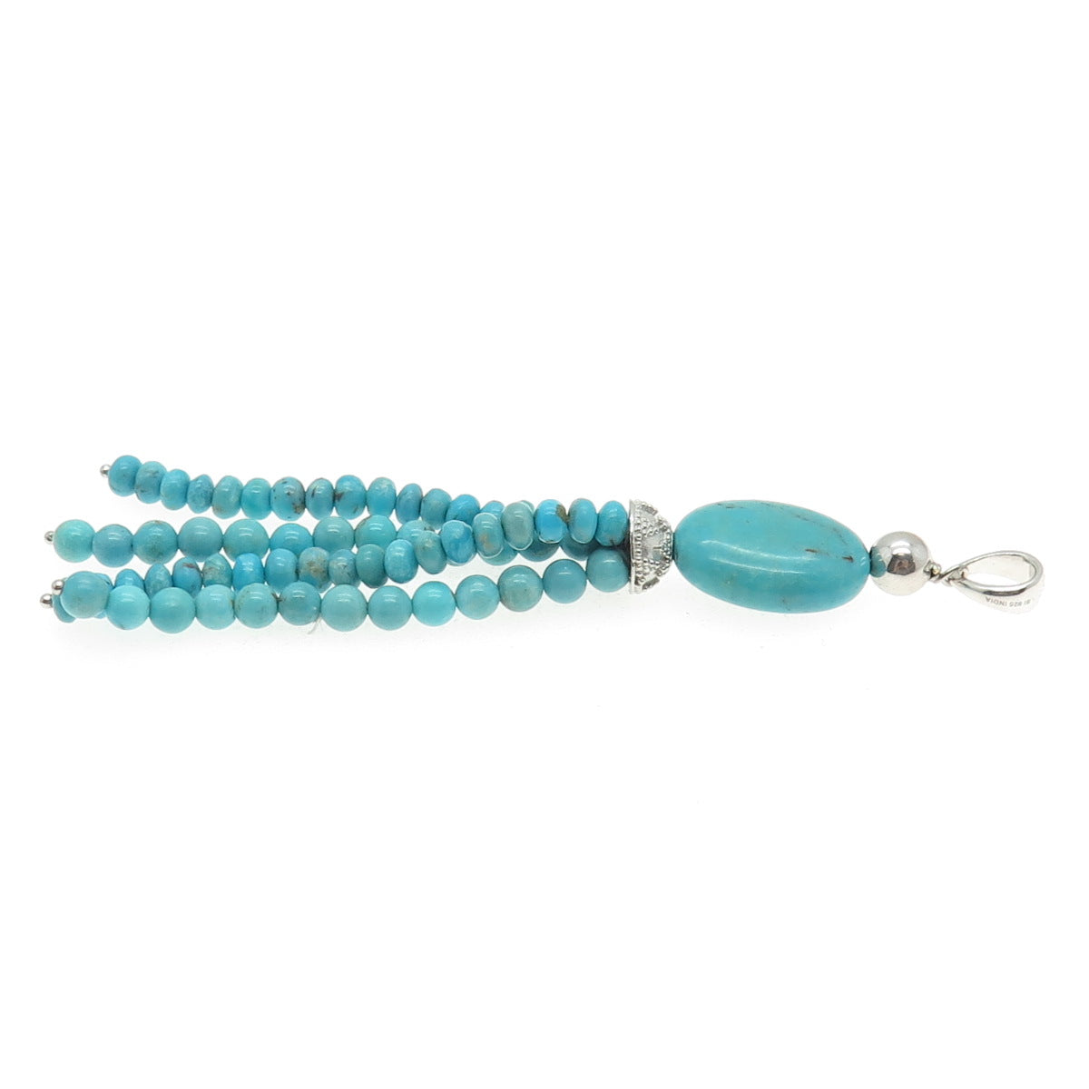 925 Sterling Silver Vintage Real Turquoise Gemstone Beaded Tassel Pendant
