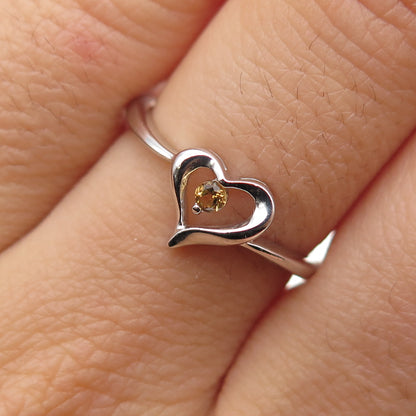 925 Sterling Silver Real Round-Cut Citrine Heart Ring Size 6.75